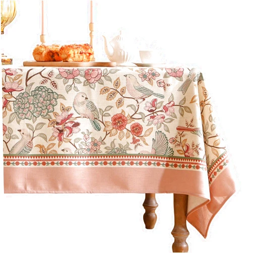 Patdrea Designer Pink Floral Linen Tablecloth for Square Tables,French Farmhouse Table Cloth with Birds Pattern,Provencal Decoration Table Cover for Kitchen Dining,Thanksgiving,55