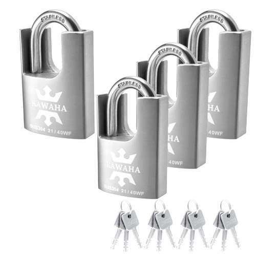 KAWAHA 21/40-4PS High Security Stainless Steel Shrouded Padlock with Stainless Steel Key for Both Indoor and Outdoor use (Heavy Duty, Anti-Rust) (1-9/16 in. (40mm), Keyed Alike - 4 Pack)