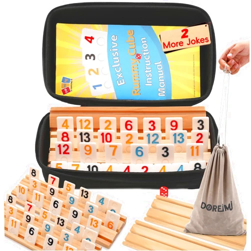Doreimi Rummy Cube 6 Player Upgraded Edition with 6 Wooden Racks,162 Tiles Rummy Game with Portable Case and Drawstring Bag, Colorful Rummy Tiles Travel Game Set for Classic Family Board Games