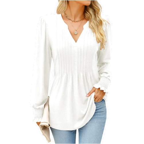 LOMON Long Sleeve Blouses for Women Fall Smocked Tunic Tops Fashion V Neck Shirts Casual Loose Pleated T-Shirts