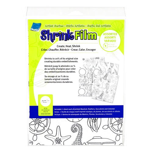 Grafix Artist Series Film – Gina Lee Kim Variety Pack, 8.5 x 11”, Pack of 4 – 4 Pre-Printed White Shrink Sheets, 4 Different Designs, Even Easier to Create and Decorate, 8.5