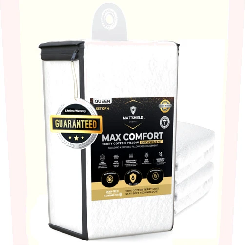 MATTSHIELD ORIGINAL 4 Pack - Mattshield MAX 100% Cotton Top Pillow Protectors with Zipper Standard Size - Waterproof, Breathable and Skin-Friendly Terry Cotton Pillow Covers