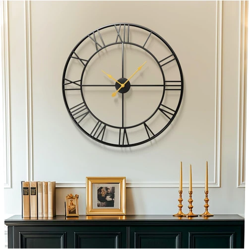Cuspin Large Wall Clock 30 Inch Clocks for Living Room Decor, Black Metal Roman Numeral Wall Clock, Silent Non Ticking Battery Operated Decorative Round Clock for Entryway, Dining Room, Office
