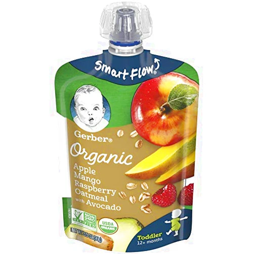 Gerber Organic Purees, Apple, Mango, Raspberry, Avocado & Oatmeal Toddler Food, 3.5 Ounce Pouch (Pack of 12)