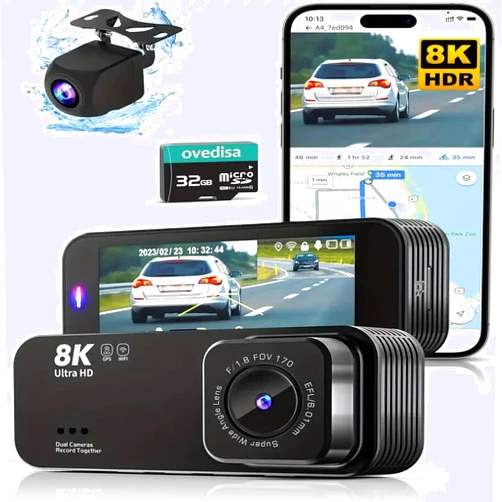Generic Dash Camera for Cars 8K Full UHD Dash Cam Front and Rear Inside with App Car Camera with Free 32GB SD Card Built-in Wi-Fi GPS 3.16 IPS Screen 170°Wide Angle WDR,24H Parking Mode Night Vision