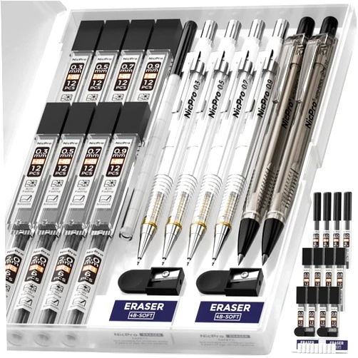 Nicpro 6 PCS Art Mechanical Pencils Set with Case, Drafting Pencil 0.3 & 0.5 & 0.7 & 0.9 mm and 2mm Lead Holder (4B 2B HB 2H) For Art Writing, Sketching Drawing,With Lead Refills Erasers Sharpener