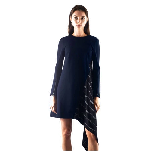 ANDRE TAN Long Sleeve Skater Dress - Crew Neck Pull On Fall Dresses for Women Plunge Style (Dark Blue)