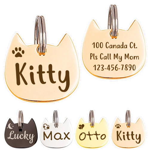 Anavia Cat Head & Fish Shape Pet ID Tags, Personalized Funny Icon Design Cat Name Tag, Customized Gold Plated Glossy Stainless Steel Black Rainbow Cat Dog Collar Tag (Small, Cat Head Shape, Rose Gold)
