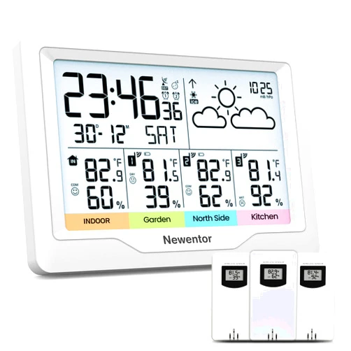 Newentor Weather Stations Wireless Indoor Outdoor Multiple Sensors, Indoor Outdoor Thermometer with Atomic Weather Clock Battery Powered, Temperature Humidity Monitor and Barometer for Home, White