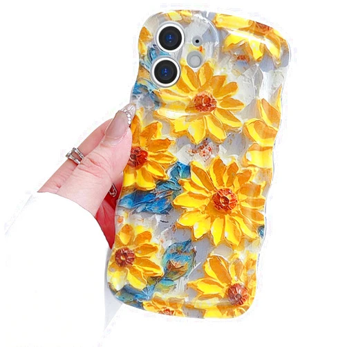 RRFNNF Oil Painting Flower Compatible with iPhone 12 Mini Case, Cute Curly Wave Frame Colorful Floral Soft Protective Case for Women Girls (Yellow)