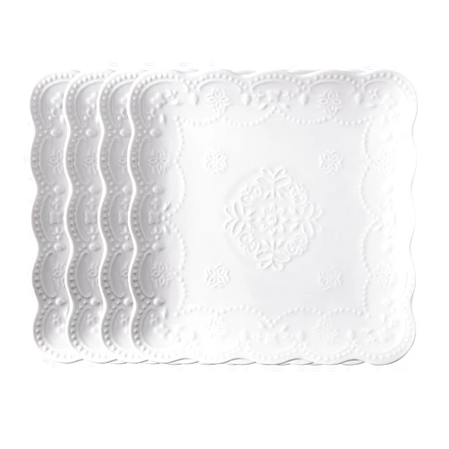 Jusalpha Set of 4- Square Embossed Lace Ceramic Plate-Dinner Plate-Tableware Set- Dish Set-4 Pieces (8 Inches, White) PL15- Square