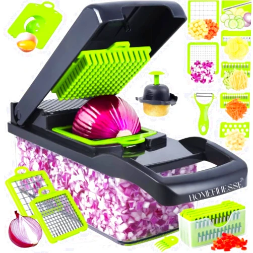 BellaCasa Essentials Vegetable Chopper - 20 in 1 Onion Chopper with Catch Container - Slicer, Dicer, Cutter - Professional Multifunctional Chopper - BPA Free - (16 piece set)