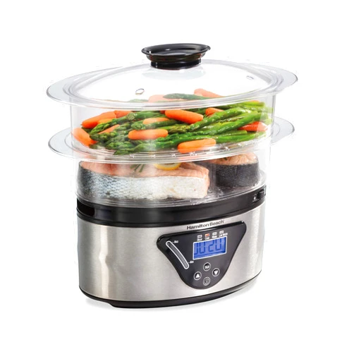 Hamilton Beach Digital Electric Food Steamer & Rice Cooker for Quick, Healthy Cooking for Vegetables and Seafood, Stackable Two-Tier Bowls, 5.5 Quart, Black & Stainless Steel