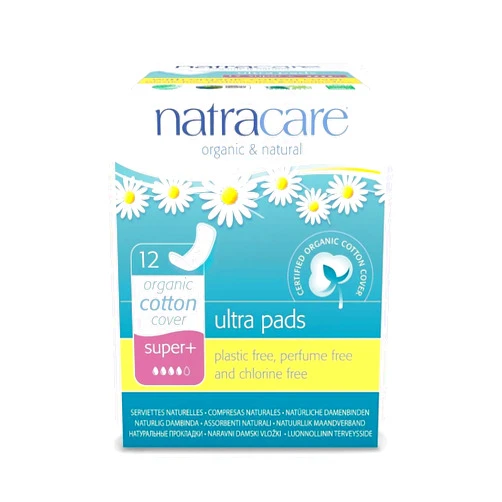 Natracare Slim Fitting Ultra Pads Without Wings, Super Plus, Made with Certified Organic Cotton, Ecologically Certified Cellulose Pulp and Plant Starch (1 Pack, 12 Pads Total)