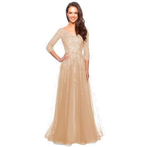Exquisitebe Women's V Neck Mother of Bride Dress 3/4 Sleeve Tulle Long Formal Evening Gowns with Pockets
