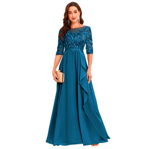 HTBVGO Chiffon Lace Mother of The Bride Dresses for Wedding Long Ruffles Formal Evening Gown with Sleeves