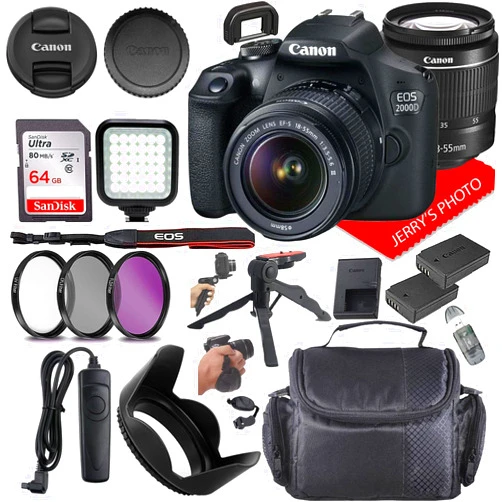 Canon EOS 2000D (Rebel T7) DSLR Camera w/Canon EF-S 18-55mm F/3.5-5.6 DC III Zoom Lens + Extra Battery + Case + 64GB Memory (20pc Bundle) (Renewed)
