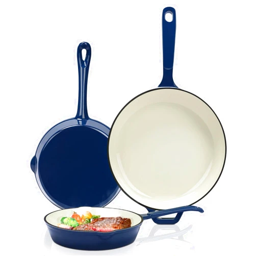Hisencn Enameled Cast Iron Frying Pan Set, 3 Piece Set of Skillets, Nonstick Fry Pan Cookware Set, Nontoxic Ceramic Coated, PFAS & PTFE & PFOA Free, Gas/Induction/Electric/Oven Compatible, Navy