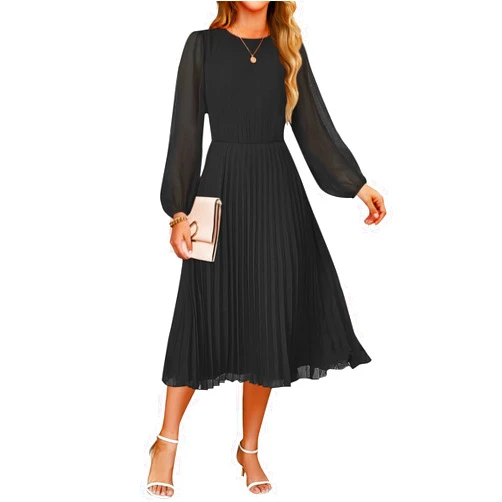 ZESICA Women's Fall Long Sleeve Dresses 2025 Casual Crewneck Chiffon Swing Pleated A Line Cocktail Party Midi Dress