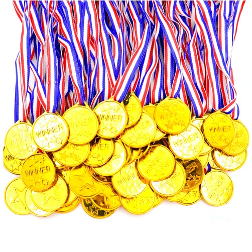 Darovly 50 Pieces Gold Plastic Winner Award Medals with Ribbon Necklaces for Sports,Games,Competition,Students Rewards,Talent Show,Parties,Party Favors or Decor