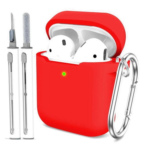 Woyinger for AirPods Case Cover, Come with Clean Pen，Soft Silicone Protective Cover with Buckle for Women Men Compatible with Apple AirPods 2nd 1st Generation Charging Case, Front LED Visible,Red