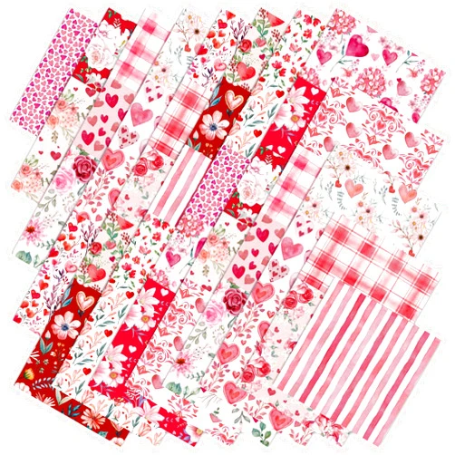 FYSUIMU 40Pcs Valentine's Day Fabric Squares Cotton Fabric Bundles Small Watercolor Heart Flower Plaid Stripe Sewing Fabrics for DIY Sewing Craft Decor, 10 x 10 Inch