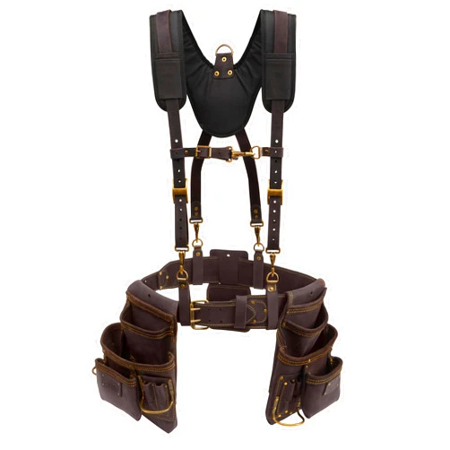 OX Tools Oil Tanned Leather Framing Rig with Padded Suspenders Leather Carpenter Tool Belt with Suspenders and Tool Pouches, Dual Hammer Holsters OX-P263609
