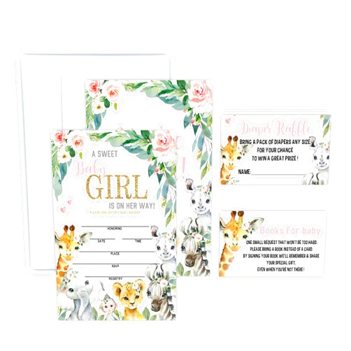 GREOXG Baby Girl Baby Shower Invitation Set - Greenery Floral Safari Theme - 25 Invites & Envelopes，25 Dipaer Raffle Tickets & 25 Book Request Cards - Gender Reveal Party Supplies -TZ-A02