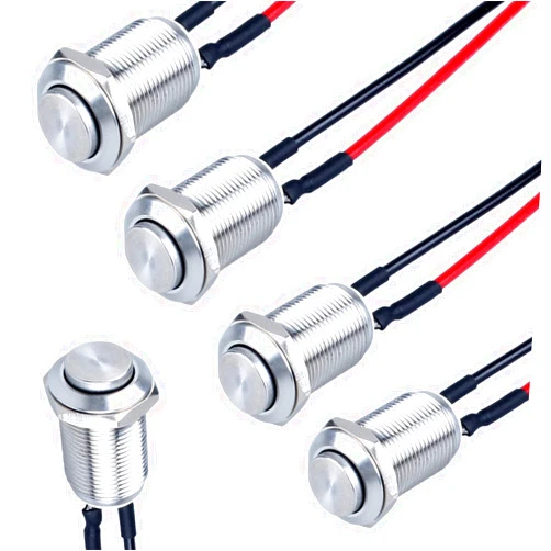 DMWD 5pcs 12mm Latching Push Button Switch High Round Head ON-Off Normally Open with Pre-soldered Cable Stainless Steel 1NO 12V 24V 36V 110V 250V Waterproof IP66 Without LED(Silver)