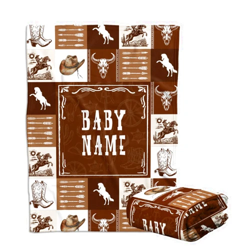Locobird Western Baby Stuff, Personalized Baby Blankets for Boys, Cowboy Blanket for Girl, Custom Name Baby Blanket, Western Nursery Decorations, for Family Friends (W01)