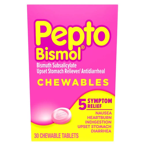 Pepto Bismol Chewable Tablets, Upset Stomach Relief, Nausea Relief, Heartburn Relief, Indigestion Relief, Anti Diarrhea Medication for Adults - 5 Symptom Relief, 30 ct