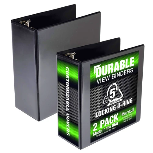 Samsill Durable 5 Inch Binder, Made in The USA, Locking D Ring Customizable Clear View Binder, Black, 2 Pack, Each Holds 1050 Pages