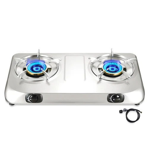 BesNerg 2 Burner Propane Stove Two burner, Portable Stainless Steel Auto Ignition Gas Cooktop, Included Gas Pressure Regulator, Suitable for Outdoor/Camping(Silver)
