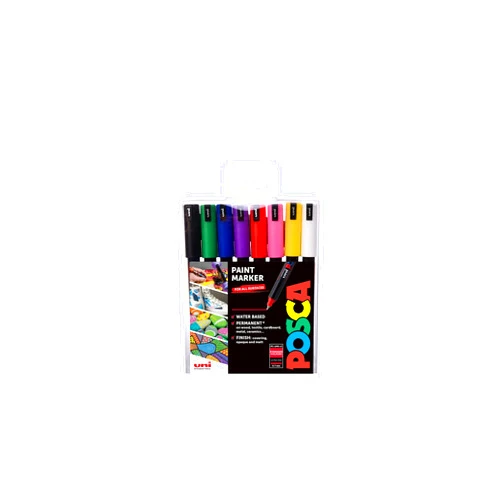 Posca PC-1MR Permanent Marker Paint Pens. Ultra Fine Tip for Art & Crafts. Multi Surface Use On Wood Metal Paper Canvas Cardboard Glass Fabric Ceramic Rock Pebble Porcelain. Set of 8 Standard Colours