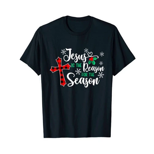 Funny Christian Jesus Buffalo Plaid Cross Jesus Is The Reason For The Season Christmas Christian Cross T-Shirt