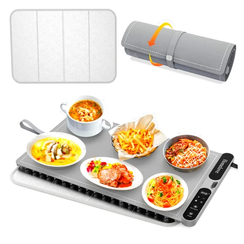Homelove Warming Mat for Food - Fast Full Surface Electric Warming Tray with 7 Temp-Settings & 8H Timer, Portable Roll Up Food Warmer with Heat Insulation Pad for Gatherings Parties Buffet XL-Grey