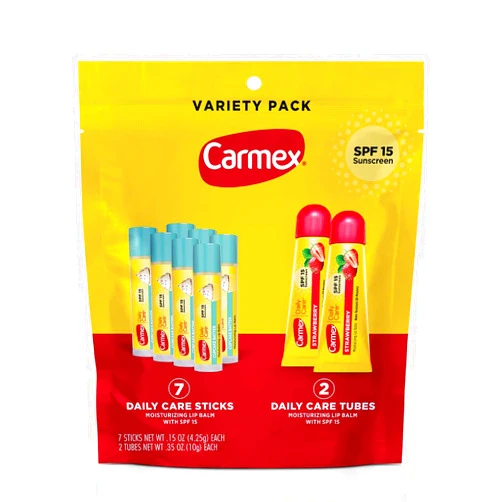 Carmex Daily Care Moisturizing Lip Balm Pack, SPF 15, Strawberry & Cupcake Batter Flavor Variety Pack Bag, 9 Count (7 Sticks, 2 Tubes)