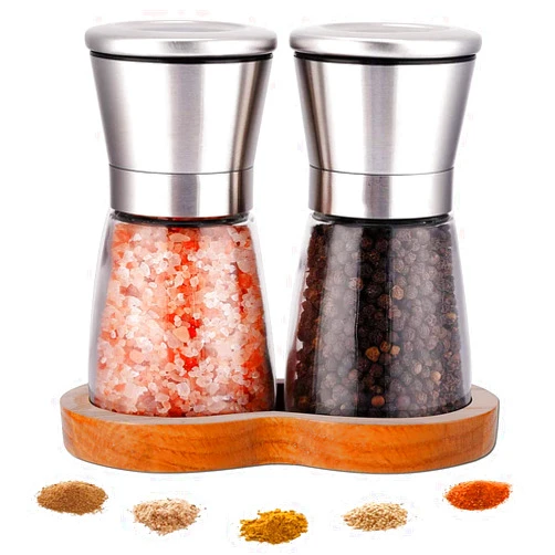 LessMo Salt and Pepper Grinder Set with Wooden Standing Tray, Refillable Pepper Mill Set - Brushed Stainless Steel - Short Glass Shakers with Adjustable Coarseness for Peppercorn, Salt or Spice Mills