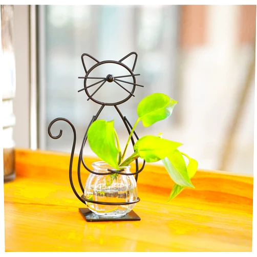 Joyathome Desktop Glass Planter Vase Holder, Metal Cat Plant Terrarium Stand for Plants Creative Decorations for Home Patio Lawn Garden