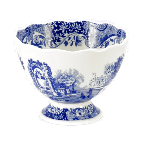 Portmeirion Spode Blue Italian 4.75-Inch Footed Bowl - Decorative Scalloped Edge Serving Bowl with Blue Countryside Design - Elegant Accent Tableware for Salads, Fruit, Sides in Classic Dinnerware Style