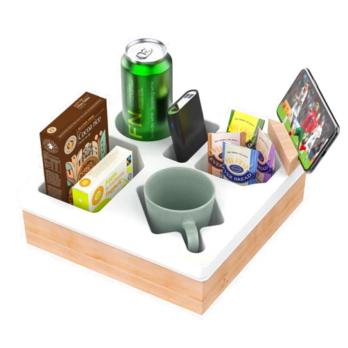 Sevkumz Couch Cup Holder Tray,Handy Soft Silicone Acacia Wooden Couch Caddy for Bed Car Seat Beach Organizer, Waterproof Anti-Spill Sofa Cup Holder for Snacks Beverage Remote (White)
