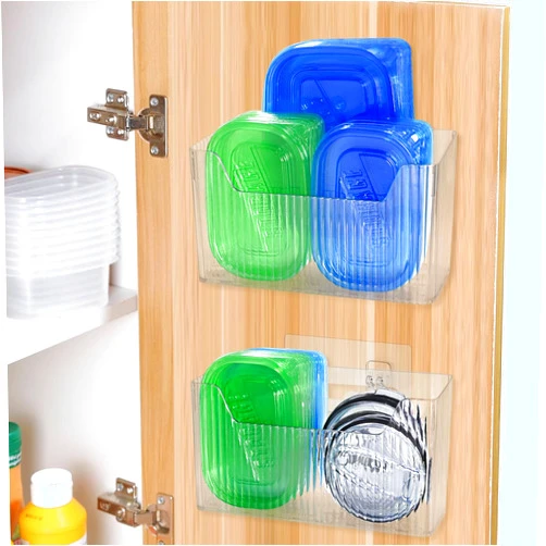 Pensino 2 Pack Adhesive Cabinet Door Organizer Storage Caddy, Clear Lid Organizer Inside Cabinet Wall Mounted Pantry Door Organizer for Food Container Lid Kitchen Under Sink Basket (Clear)