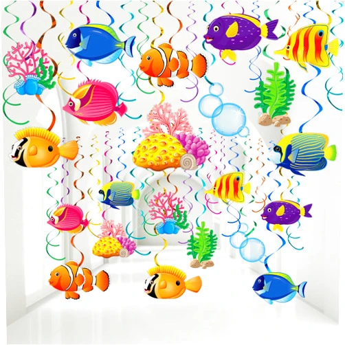 Clabby 30 Pcs Tropical Fish Hanging Swirls Under The Sea Party Decorations Ceiling Decor Ocean Themed Party Mermaid Creatures Beach Party Supplies Under The Sea Decor(Fish Style)