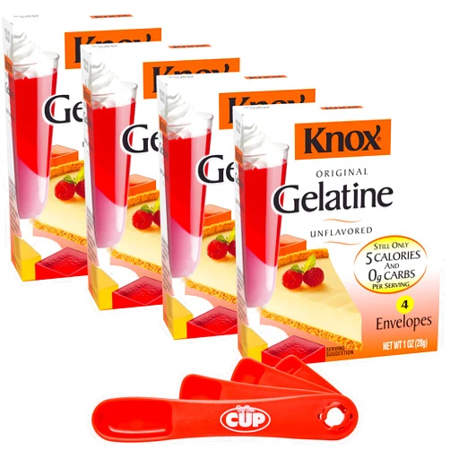 By The Cup Knox Gelatine Unflavored Clear, 1 oz (Pack of 4) with By The Cup Measuring Spoons