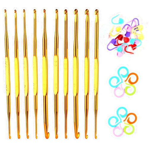 LOKUNN 40 Pcs Double End Crochet Hook Set, Include 10 Pcs Golden Aluminum Crochet Needles, 10 PCS Knitting Crochet Markers Ring, 20 PCS Knitting Stitch Markers for Craft DIY