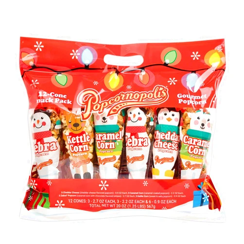 VONLIMEN Popcornopolis Gourmet Popcorn, Six Count 12-Cone Snack Pack feat. Caramel, Kettle Corn, Cheddar, Zebra