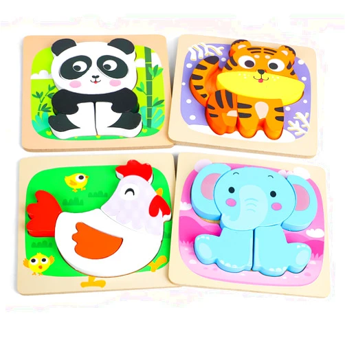 FINGOOO 4 Pack Toddler Puzzles Ages 1-3,Wooden Animal Puzzle Montessori Puzzles for Kids Girls Boys Educational Learning Toys (Tiger Elephant Panda Chick)