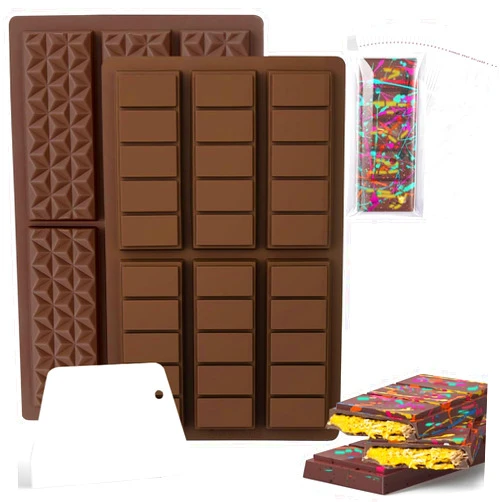 Tildaks Silicone Chocolate Bar Molds, Deep Chocolate Snap Bar Molds Dubai Chocolate Molds for Pistachio Knafeh Chocolate Bar, Wax Melts, with 100 Clear Cellophane Bags & 1 Spatula