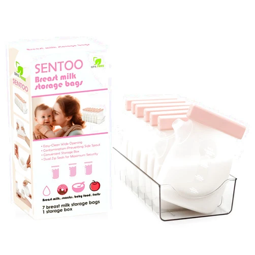 Sentoo 7 Pcs Breastmilk Storage Bags with a Fridge Organizer Bin, Reusable Breastfeeding Essentials, 11oz/320ml Double Leak-Proof Breastmilk Freezer Bags for Breastfeeding, Postpartum Essentials