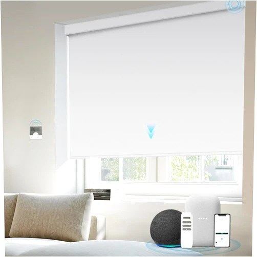 Kerxwerd Motorized Blinds with Remote, Kerxwerd Blackout Motorized Roller Shades Compatible with Alexa Google via Hub, Electric Shades for Window Customized, Pure White